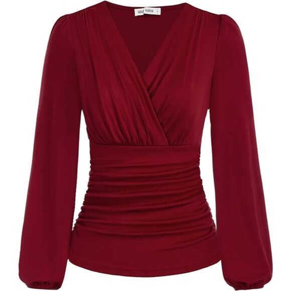 Grace Karin Tops - Grace Karin Wrap Blouse Size Medium Wine Red V Neck Long Sleeve Ruched Top